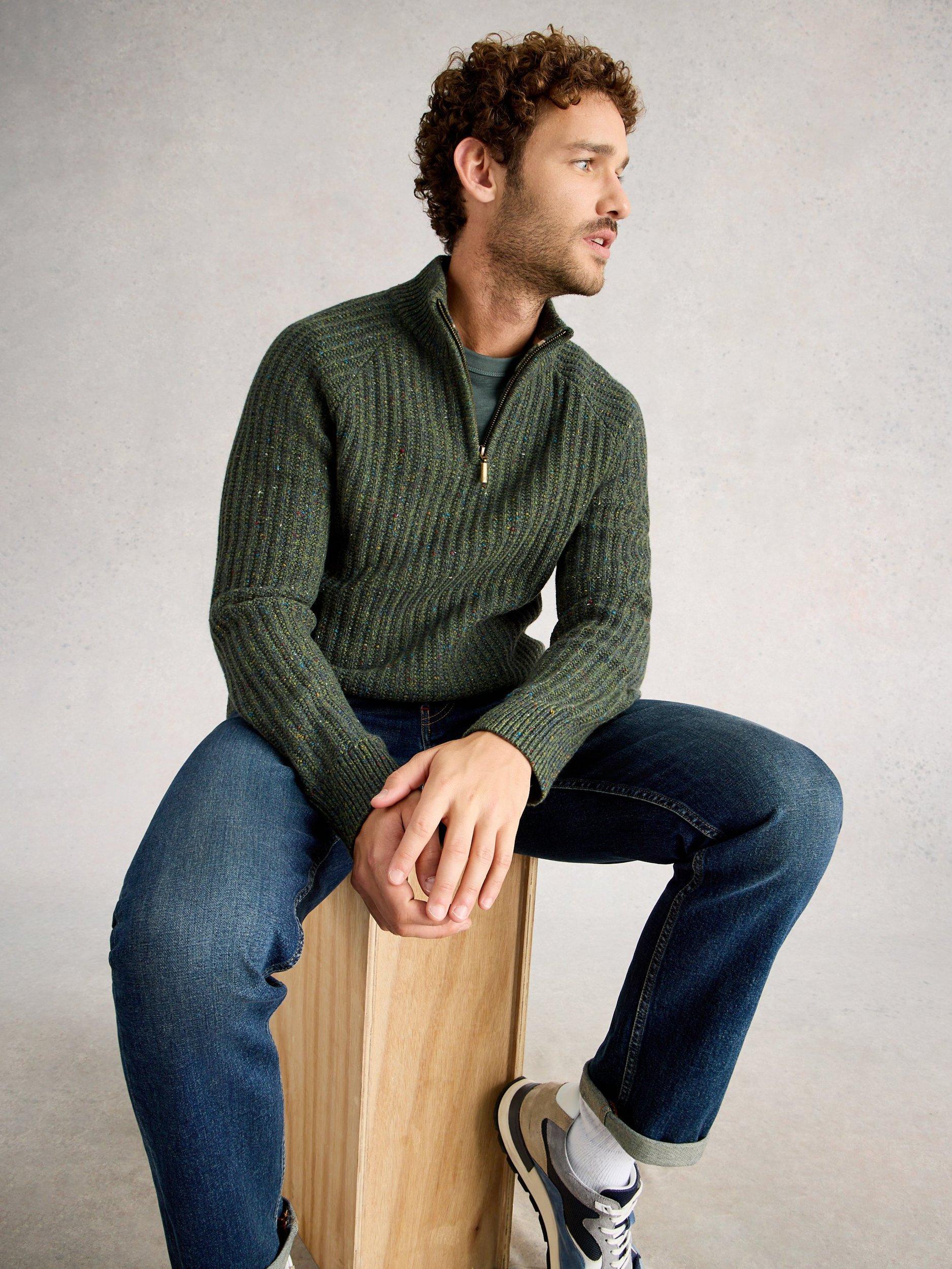 Product image 4 of 6, which shows White Stuff Cotton Blend Chunky Zip Neck Jumper, Dark Green, S