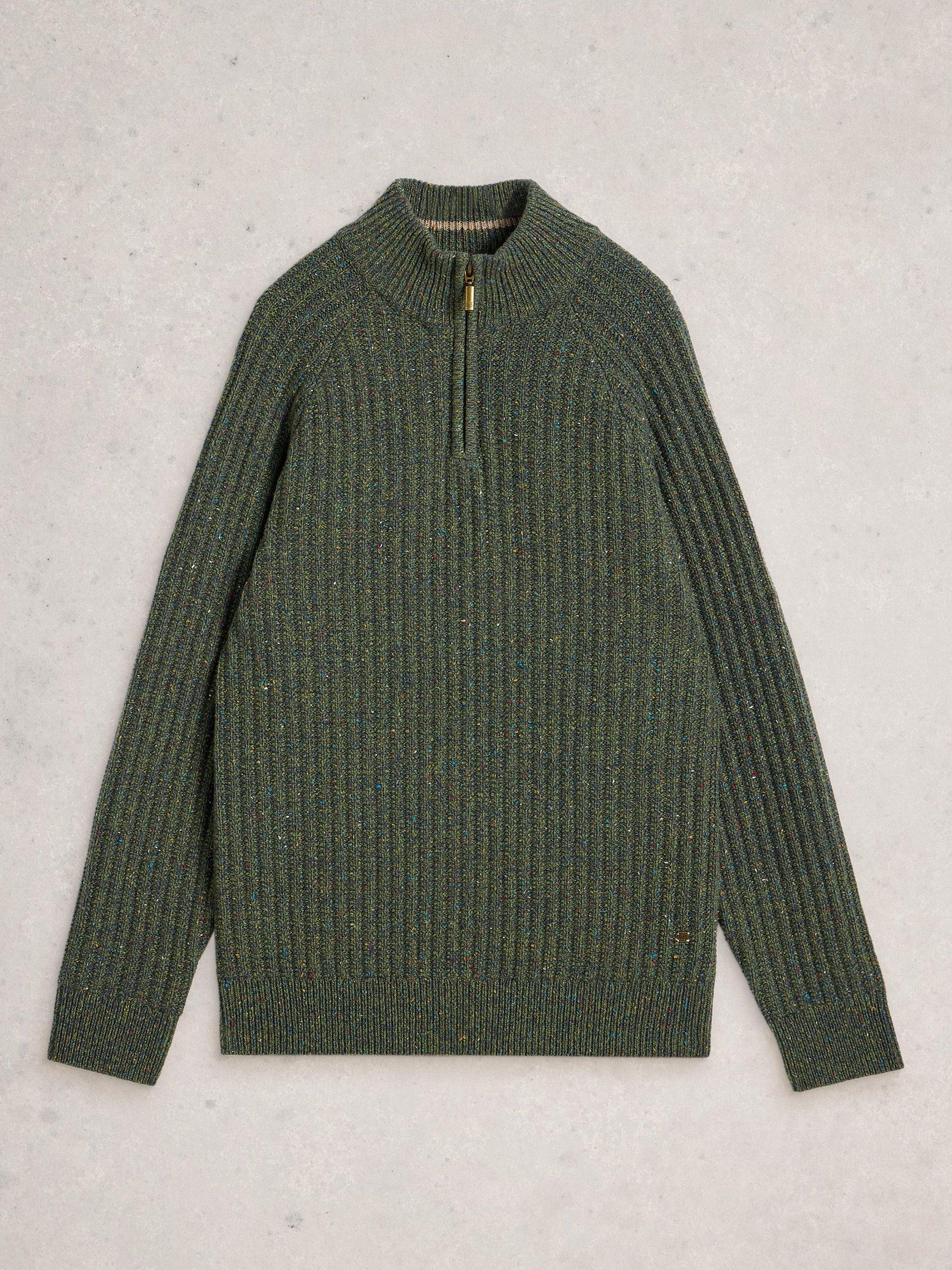 Product image 5 of 6, which shows White Stuff Cotton Blend Chunky Zip Neck Jumper, Dark Green, S