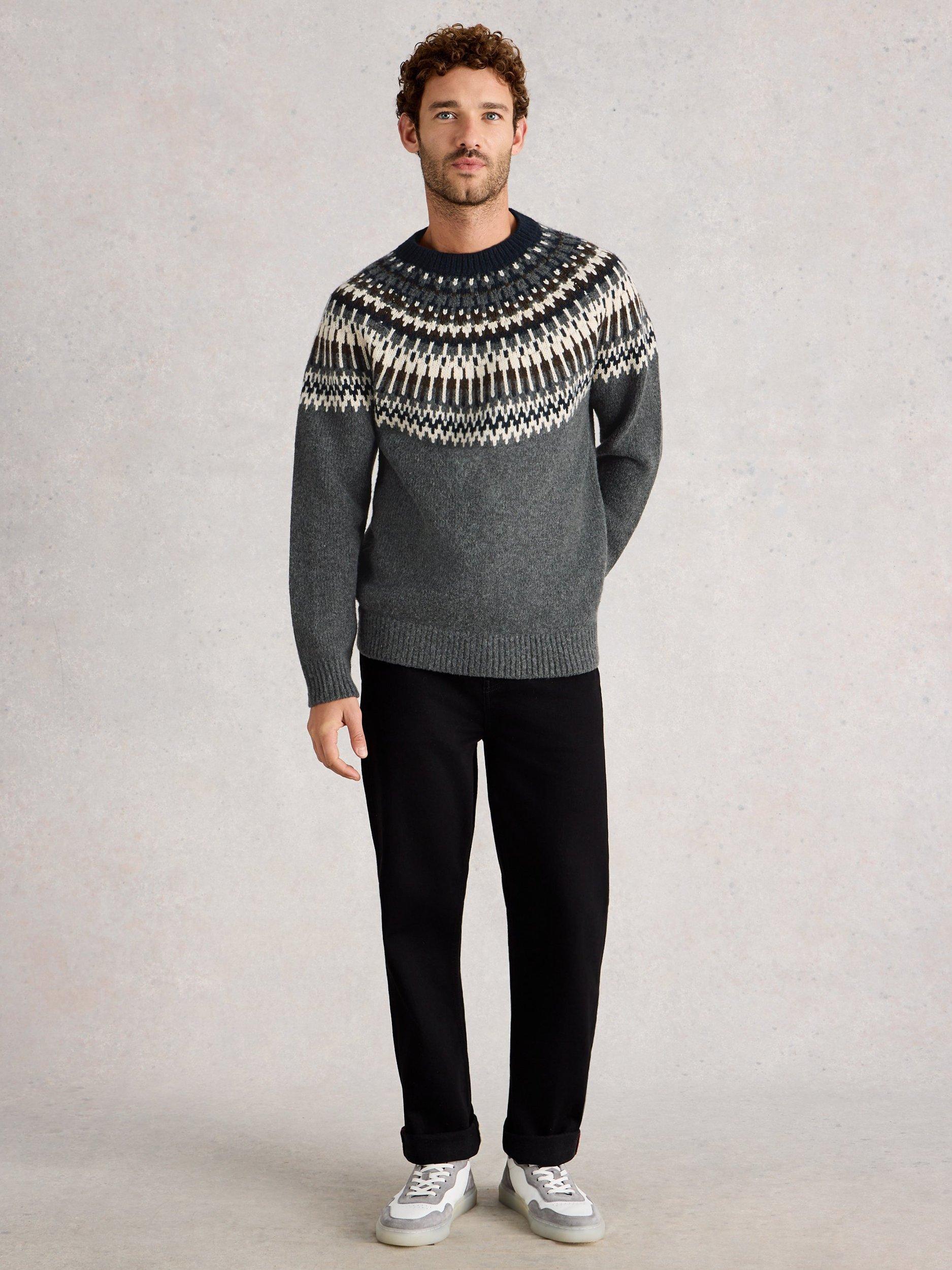 Product image 1 of 6, which shows White Stuff Claude Crew Neck Fair Isle Jumper, Dk Grey, S