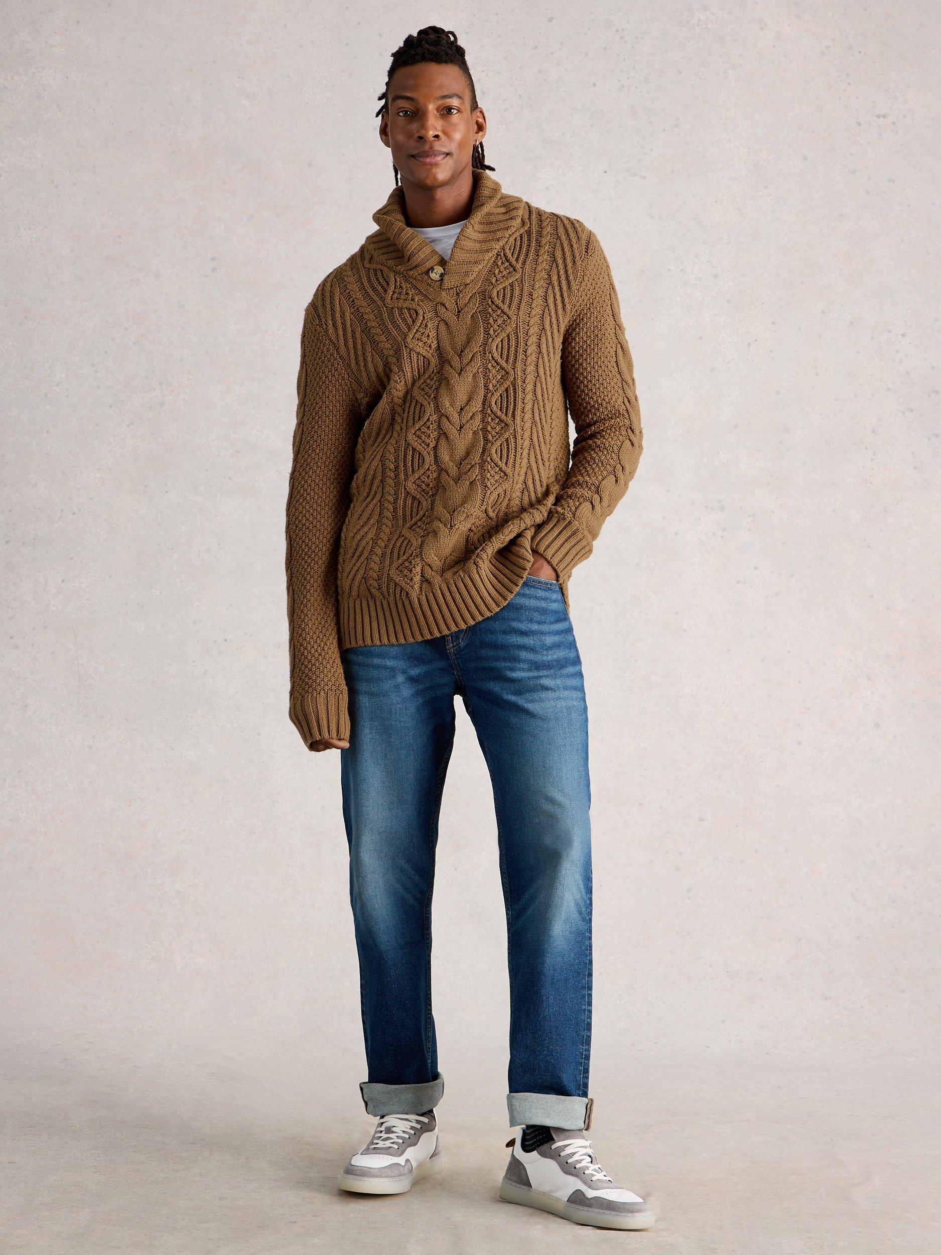 Product image 1 of 2, which shows White Stuff Eden Shawl Neck Cable Knit Cotton Blend Jumper, Mid Tan, S