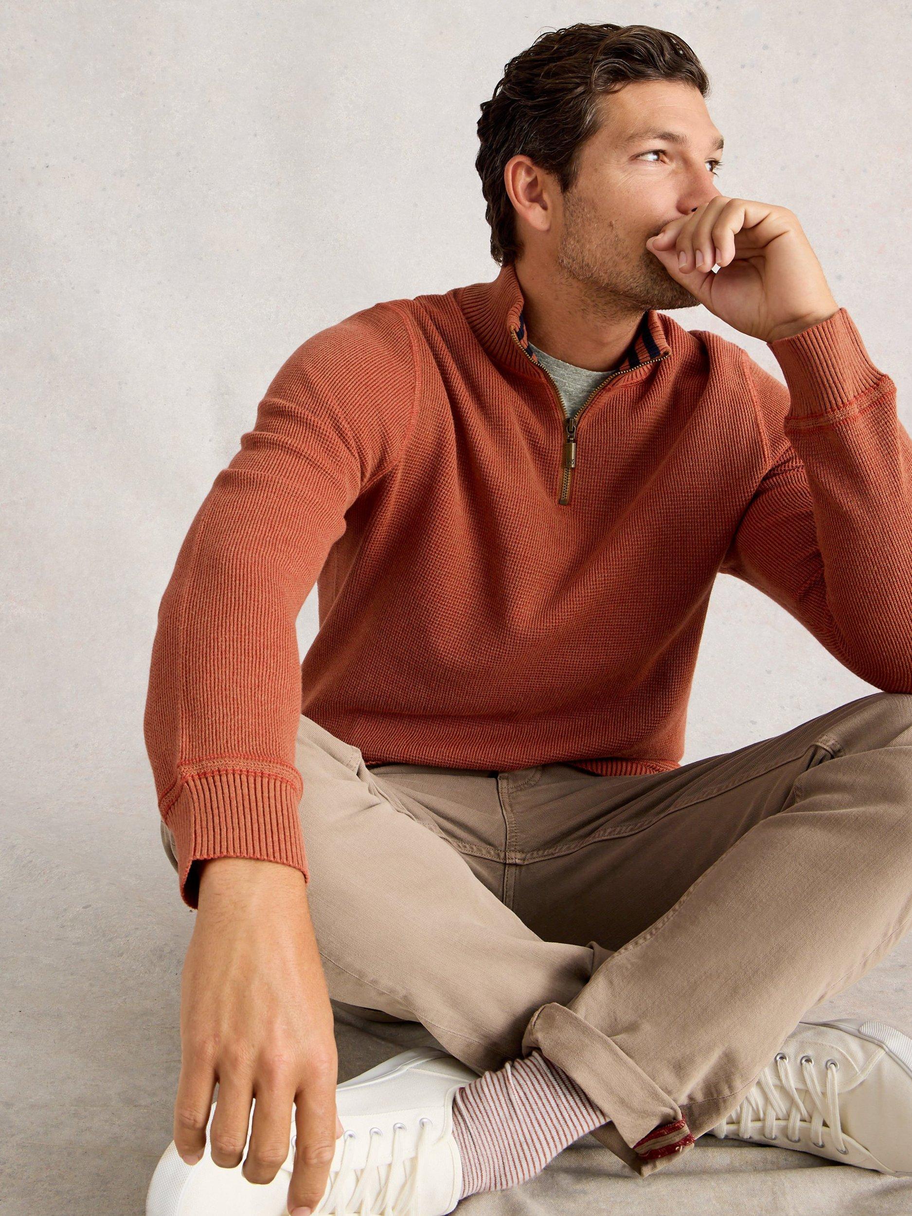 Product image 4 of 6, which shows White Stuff Attadale Funnel Neck Half Zip Cotton Jumper, Dark Orange, S