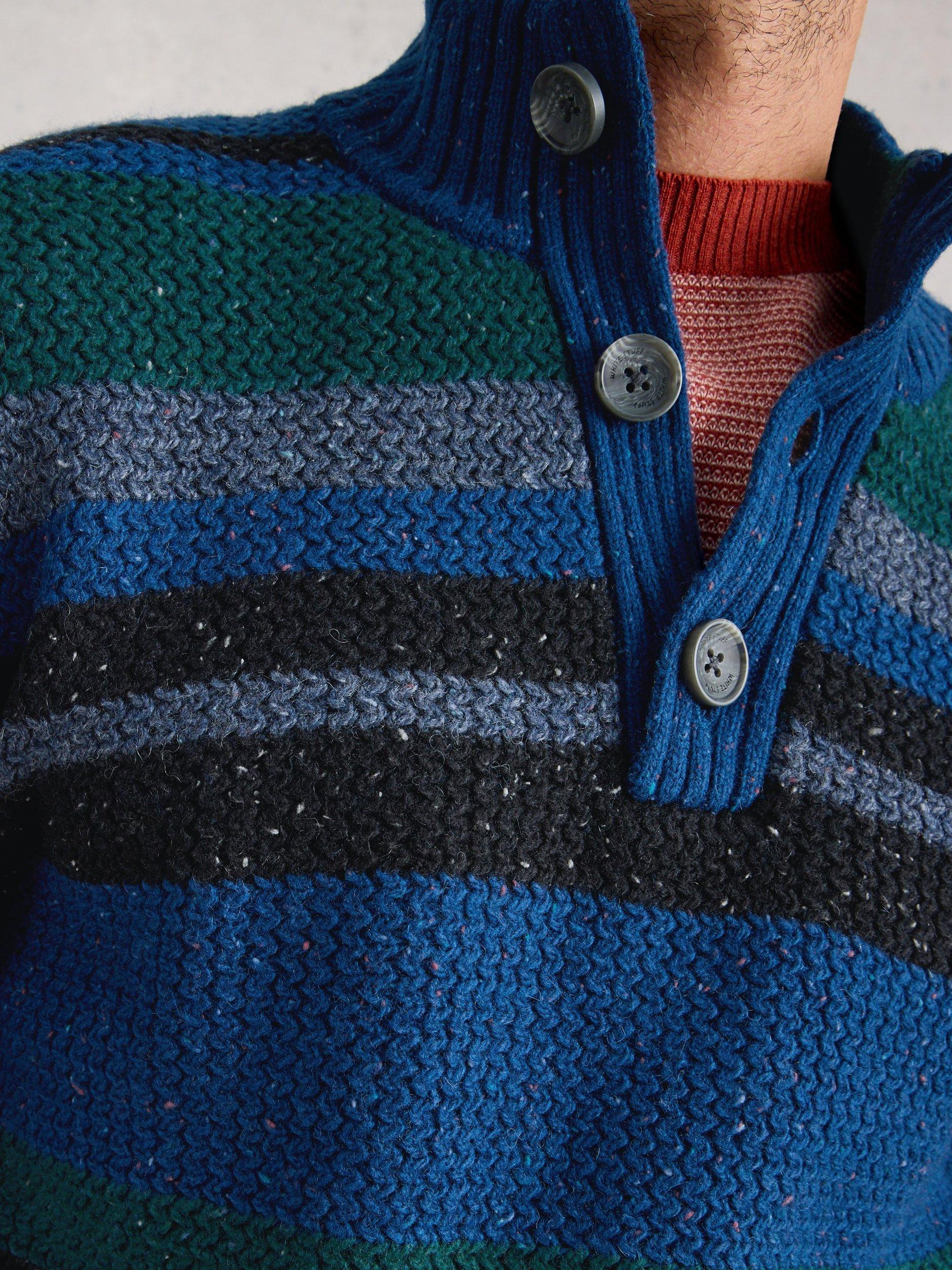 Product image 3 of 6, which shows White Stuff Berkley Heavyweight Lambswool Blend Cable Knit Striped Jumper, Blue/Multi, S