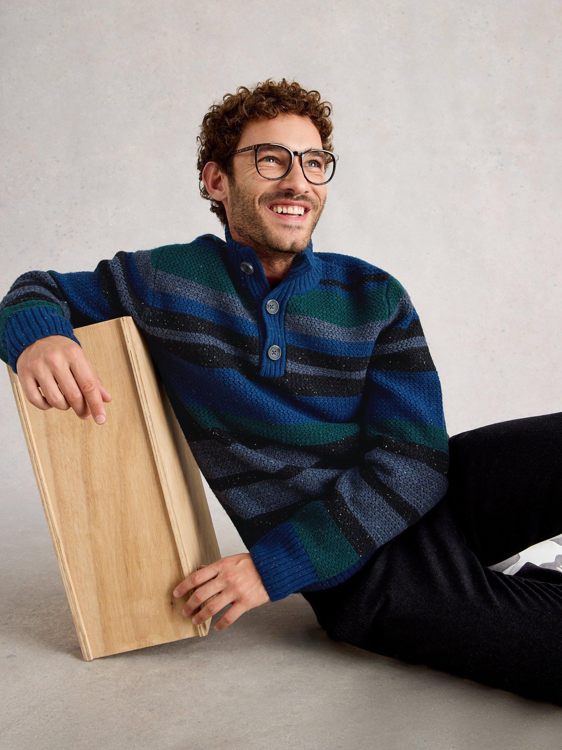 Product image 4 of 6, which shows White Stuff Berkley Heavyweight Lambswool Blend Cable Knit Striped Jumper, Blue/Multi, S