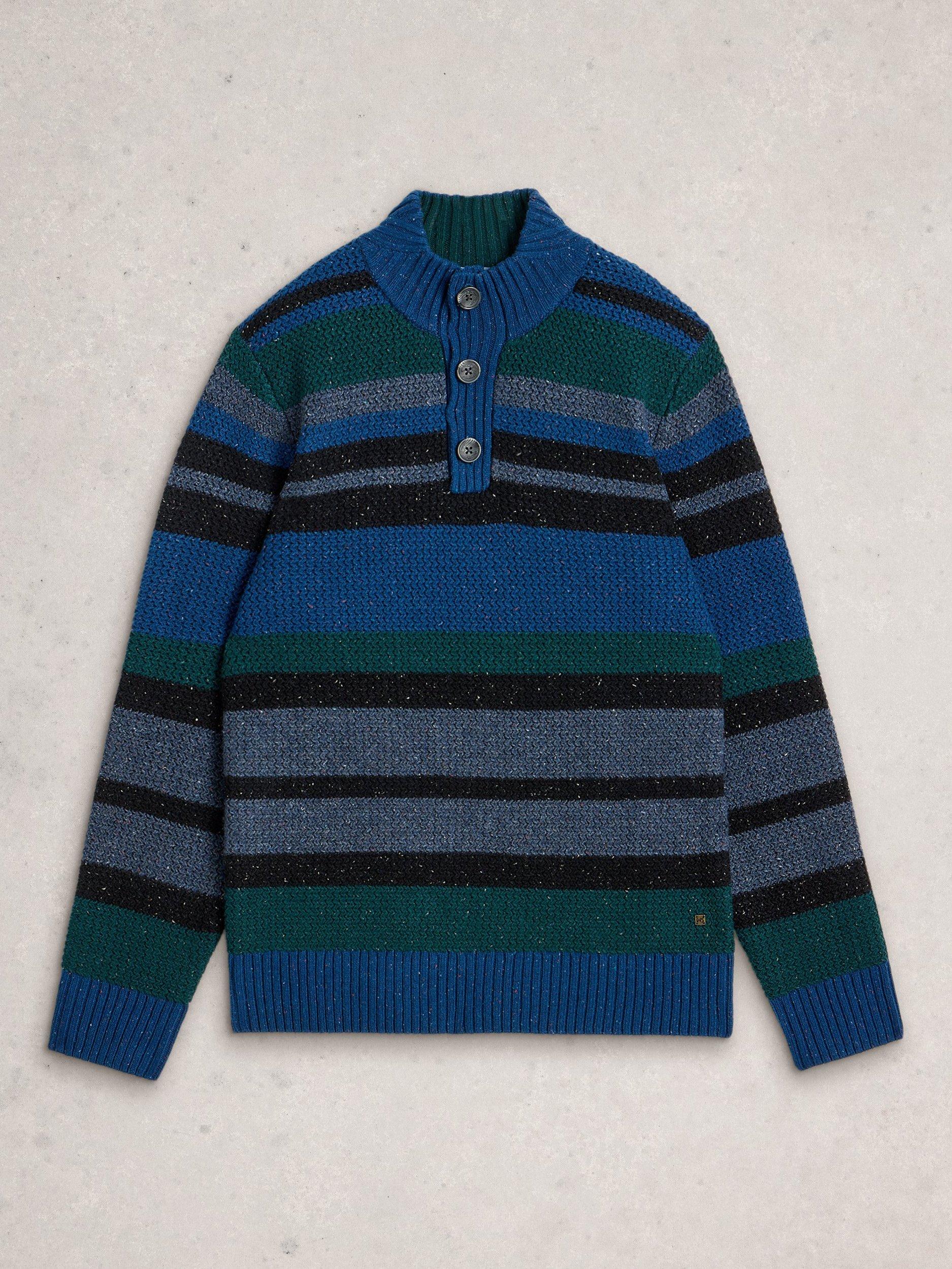 Product image 5 of 6, which shows White Stuff Berkley Heavyweight Lambswool Blend Cable Knit Striped Jumper, Blue/Multi, S