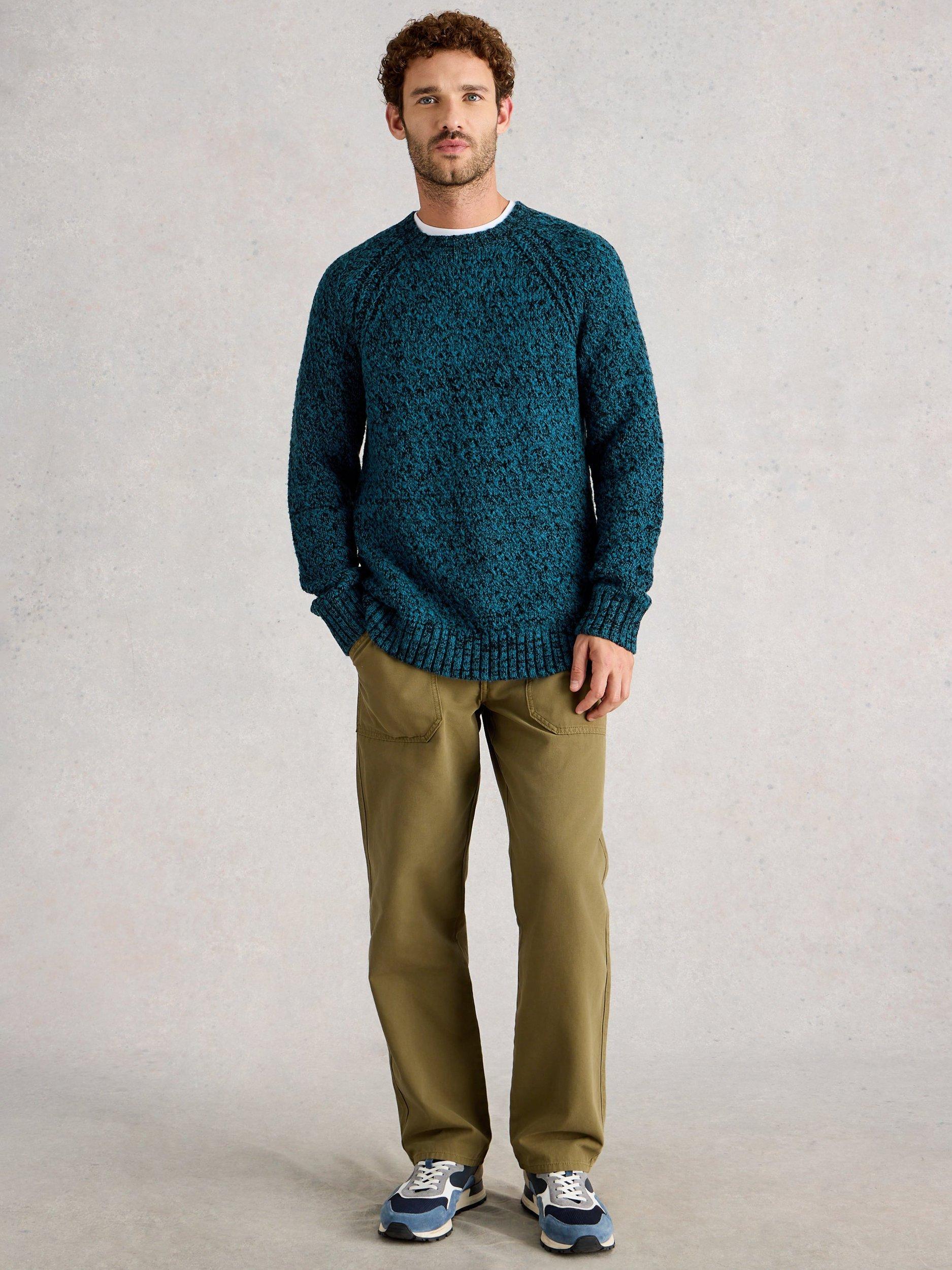 Product image 1 of 6, which shows White Stuff Albany Cotton Blend Crew Neck Chunky Jumper, Blue, L