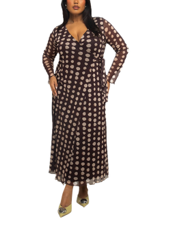 FASHION SZN Curve Polka Dot Mesh Midaxi Dress, Brown/Multi, Brown/Multi