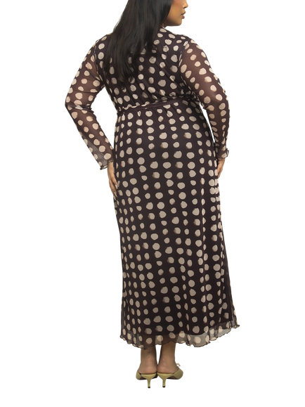FASHION SZN Curve Polka Dot Mesh Midaxi Dress, Brown/Multi - view 2, Brown/Multi