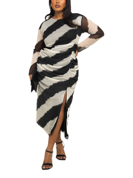 FASHION SZN Curve Monochrome Stripe Mesh Midaxi Dress, Black, Black