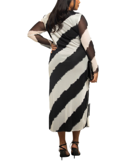 FASHION SZN Curve Monochrome Stripe Mesh Midaxi Dress, Black - view 2, Black