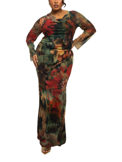 FASHION SZN Curve Floral Mesh Maxi Dress, Khaki/Multi, Khaki/Multi