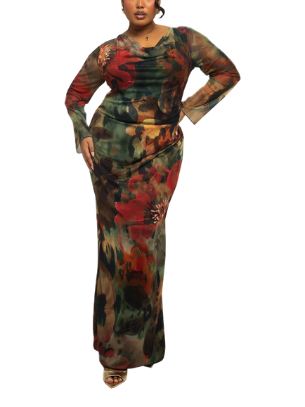 FASHION SZN Curve Floral Mesh Maxi Dress, Khaki/Multi, Khaki/Multi
