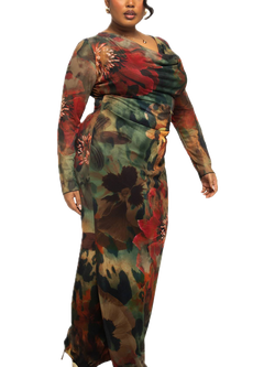 FASHION SZN Curve Floral Mesh Maxi Dress, Khaki/Multi - view 2, Khaki/Multi