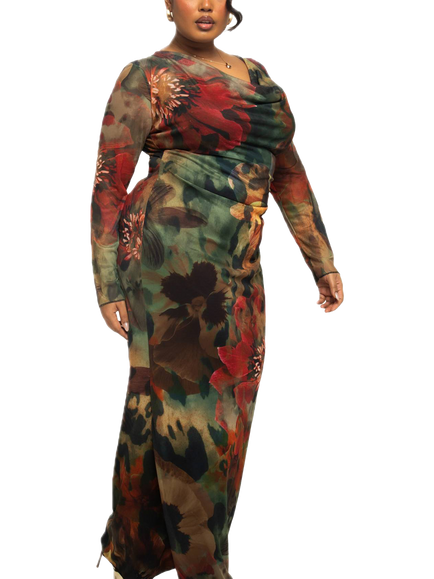 FASHION SZN Curve Floral Mesh Maxi Dress, Khaki/Multi - view 2, Khaki/Multi