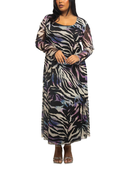 FASHION SZN Curve Zebra Print Mesh Midaxi Dress, Black/Multi, Black/Multi