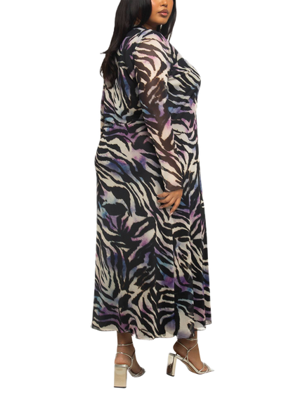 FASHION SZN Curve Zebra Print Mesh Midaxi Dress, Black/Multi - view 2, Black/Multi