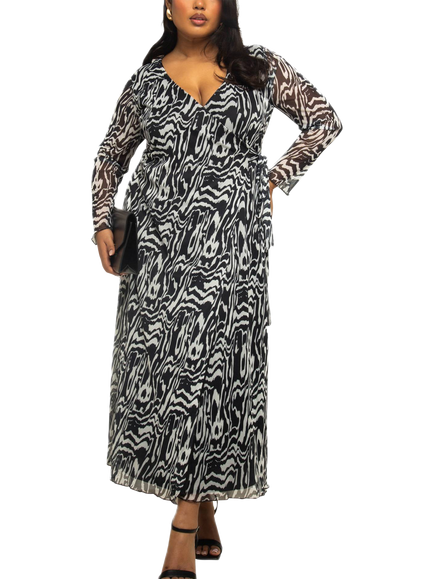 FASHION SZN Curve Abstract Monochrome Midi Dress, Black, Black