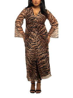 FASHION SZN Curve Tiger Print Mesh Midi Dress, Brown, Brown