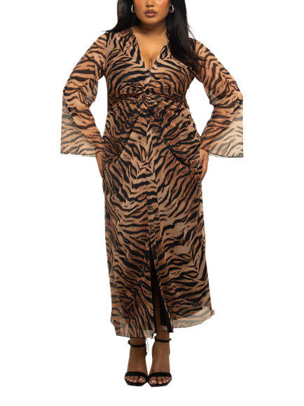 FASHION SZN Curve Tiger Print Mesh Midi Dress, Brown, Brown