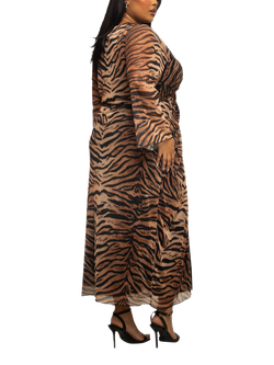 FASHION SZN Curve Tiger Print Mesh Midi Dress, Brown - view 2, Brown