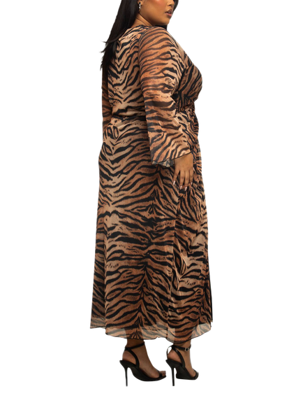 FASHION SZN Curve Tiger Print Mesh Midi Dress, Brown - view 2, Brown