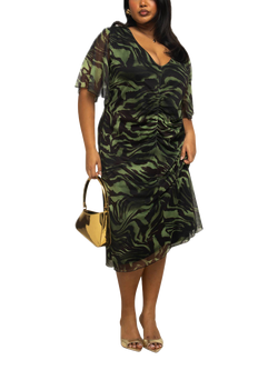 FASHION SZN Curve Zebra Print Mesh Midi Dress, Khaki, Khaki
