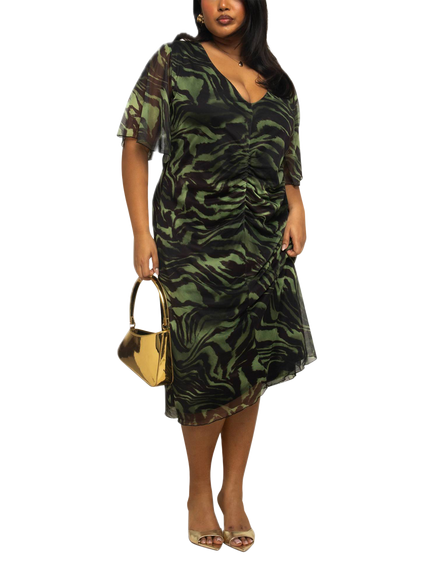 FASHION SZN Curve Zebra Print Mesh Midi Dress, Khaki, Khaki