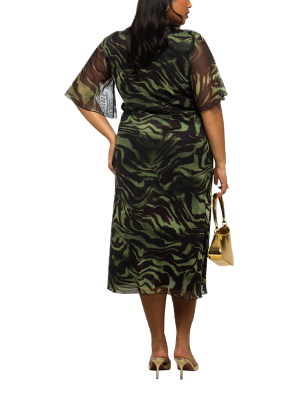 FASHION SZN Curve Zebra Print Mesh Midi Dress, Khaki - view 2, Khaki