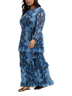 FASHION SZN Curve Ruffle Snake Print Maxi Dress, Blue, Blue