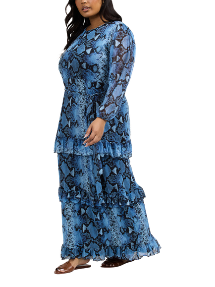 FASHION SZN Curve Ruffle Snake Print Maxi Dress, Blue, Blue