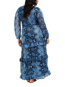 FASHION SZN Curve Ruffle Snake Print Maxi Dress, Blue - view 2, Blue
