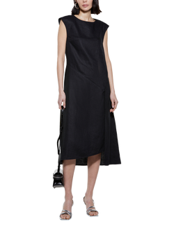 SISLEY Asymmetric Hem Pure Linen Dress, Black, Black