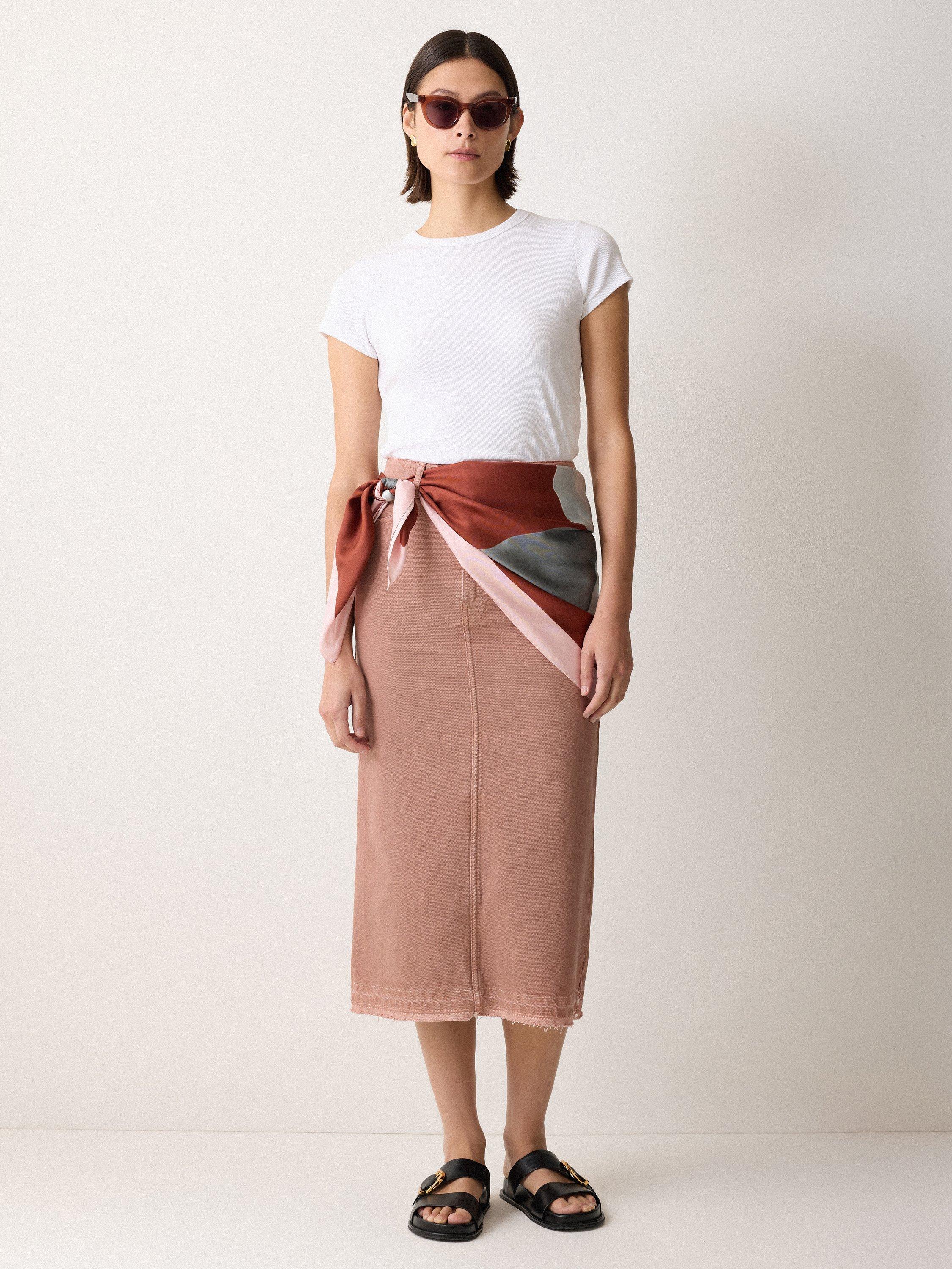Product image 4 of 6, which shows Jigsaw Cole Cotton Denim Midi Skirt, Washed Pink, 6