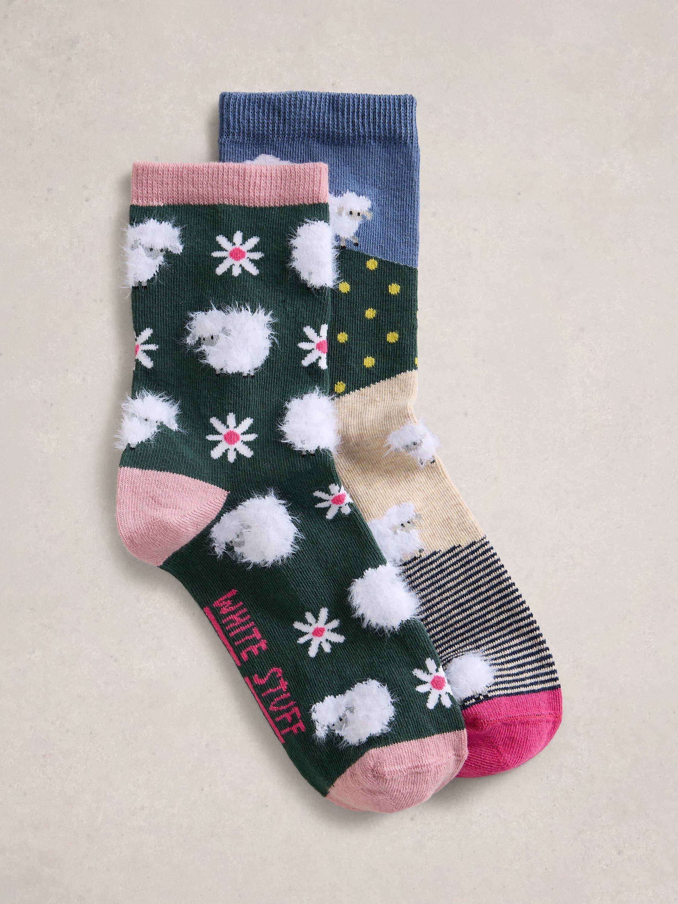 Product image 1 of 2, which shows White Stuff Fluffy Sheep Socks, Pack of 2, Dark Green/Multi, 3-5.5