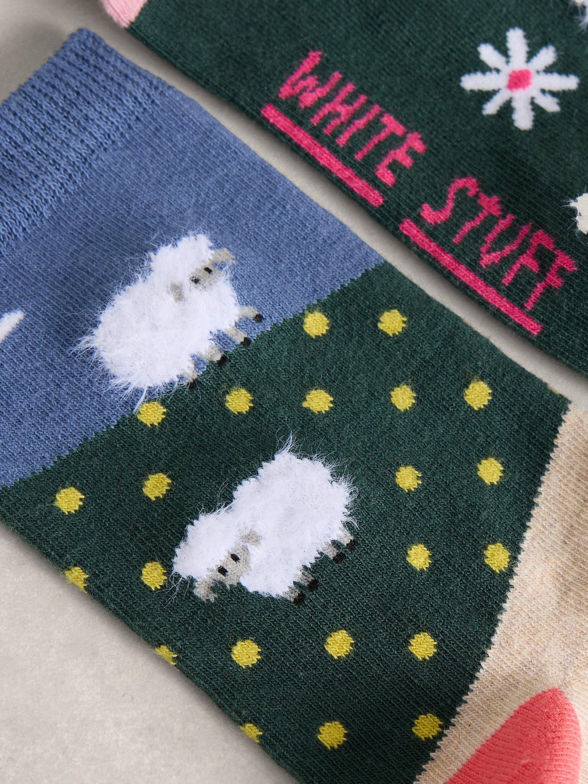 Product image 2 of 2, which shows White Stuff Fluffy Sheep Socks, Pack of 2, Dark Green/Multi, 3-5.5
