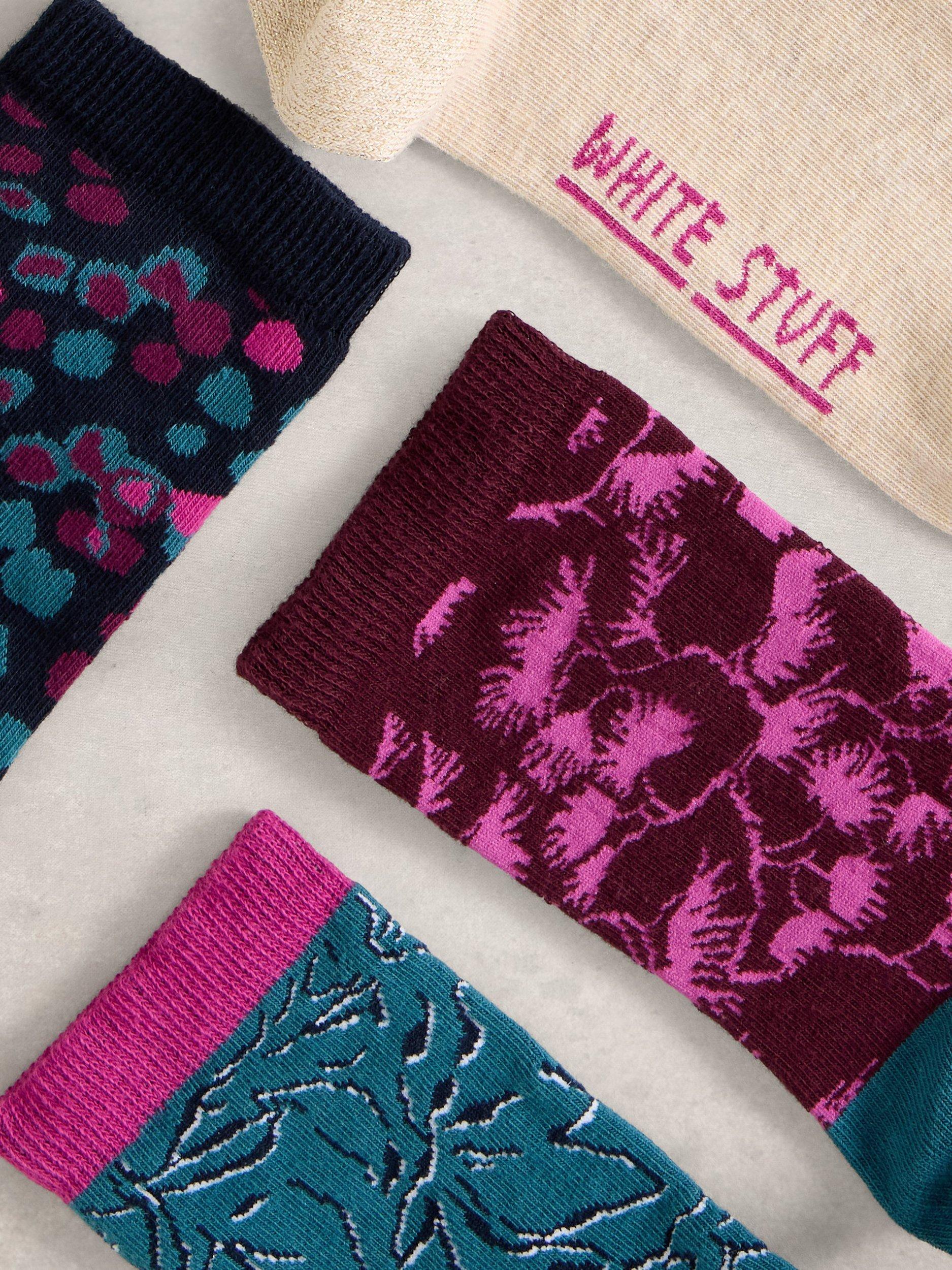 Product image 3 of 4, which shows White Stuff Floral Ankle Socks, Pack of 4, Purple/Multi, 3-5.5