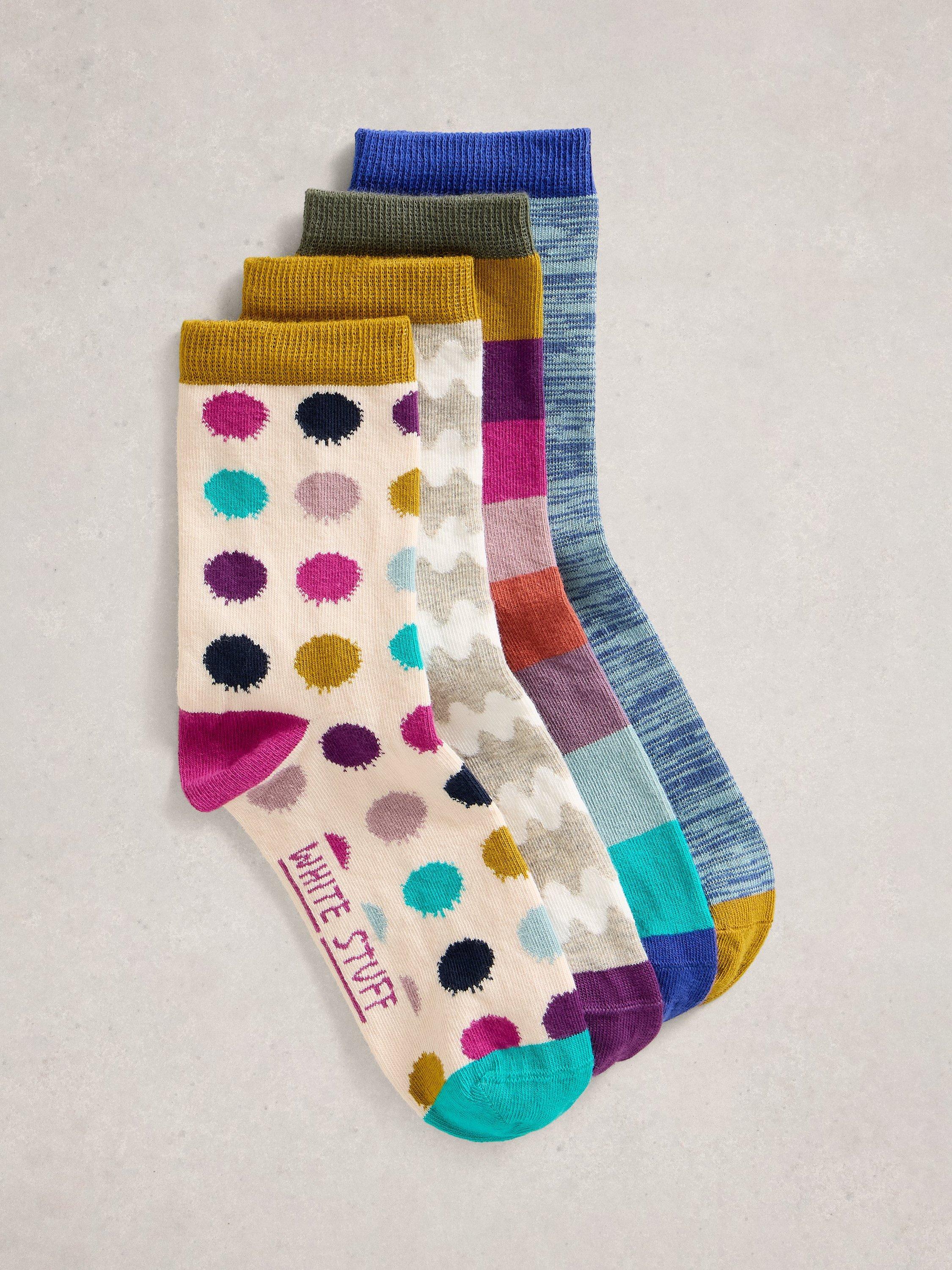 Product image 2 of 4, which shows White Stuff Hotch Potch Ankle Socks, Pack of 4, Natural/Multi, 3-5.5