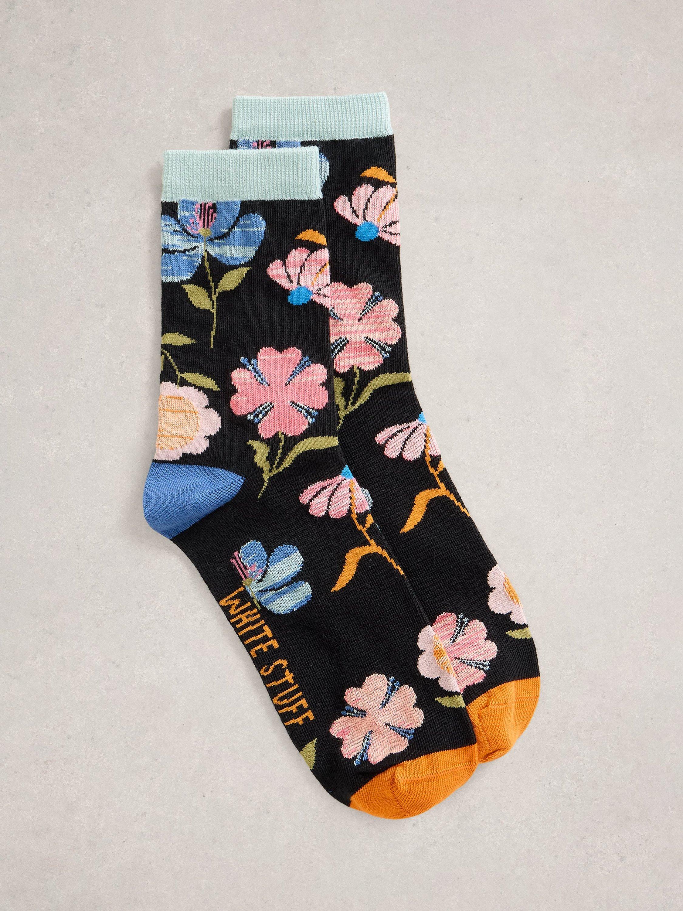 Product image 1 of 2, which shows White Stuff Floral Ankle Socks, Black/Multi, 3-5.5