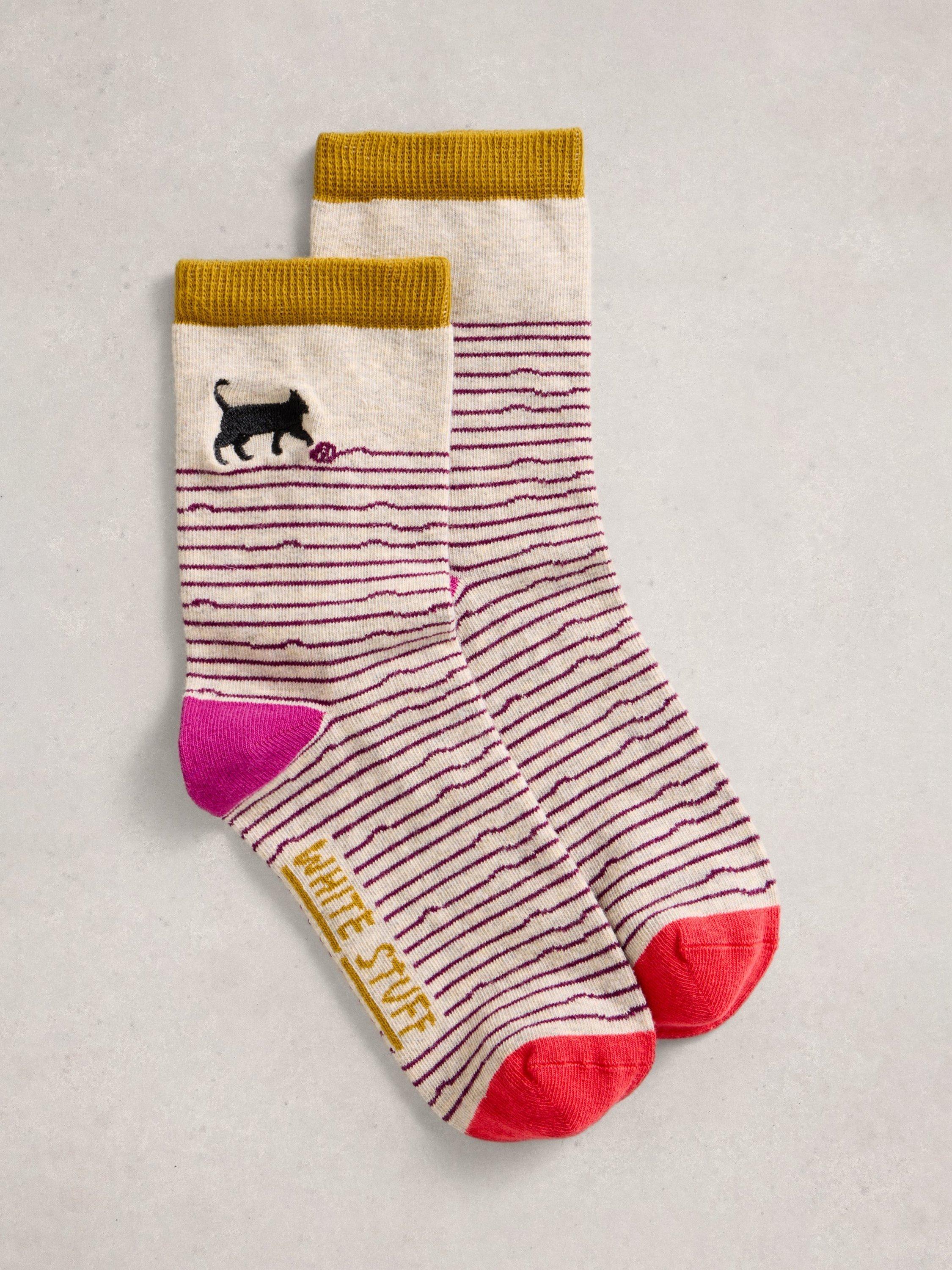 Product image 1 of 2, which shows White Stuff Cat and String Embroidered Ankle Socks, Grey/Multi, 3-5.5
