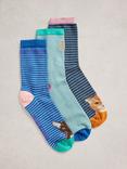 White Stuff Cat Ankle Socks, Pack of 3, Blue/Multi