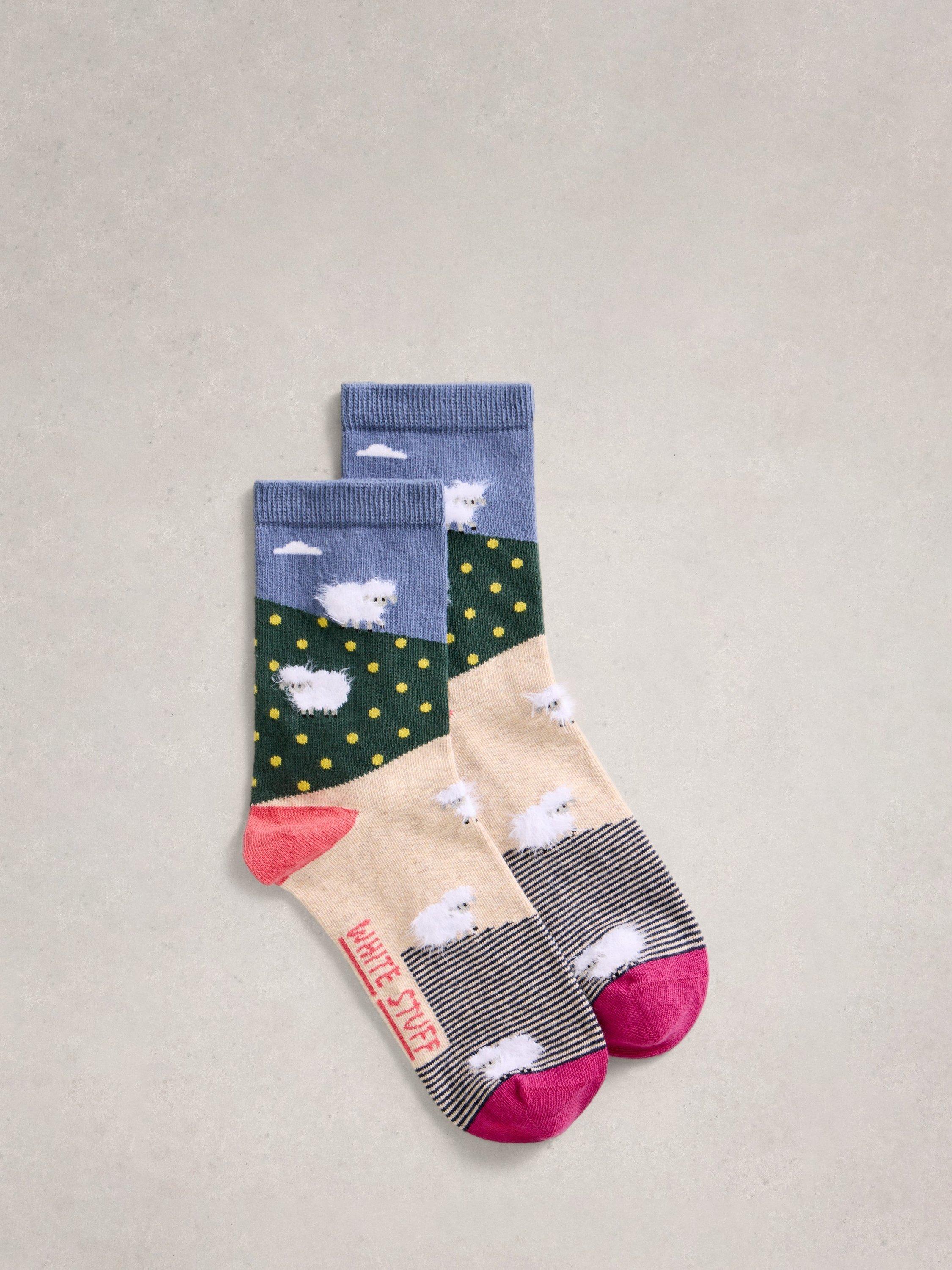 Product image 1 of 2, which shows White Stuff Fluffy Sheep Ankle Socks, Blue/Multi, 3-5.5