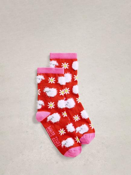 White Stuff Fluffy Sheep Ankle Socks, Red/Multi, Red/Multi