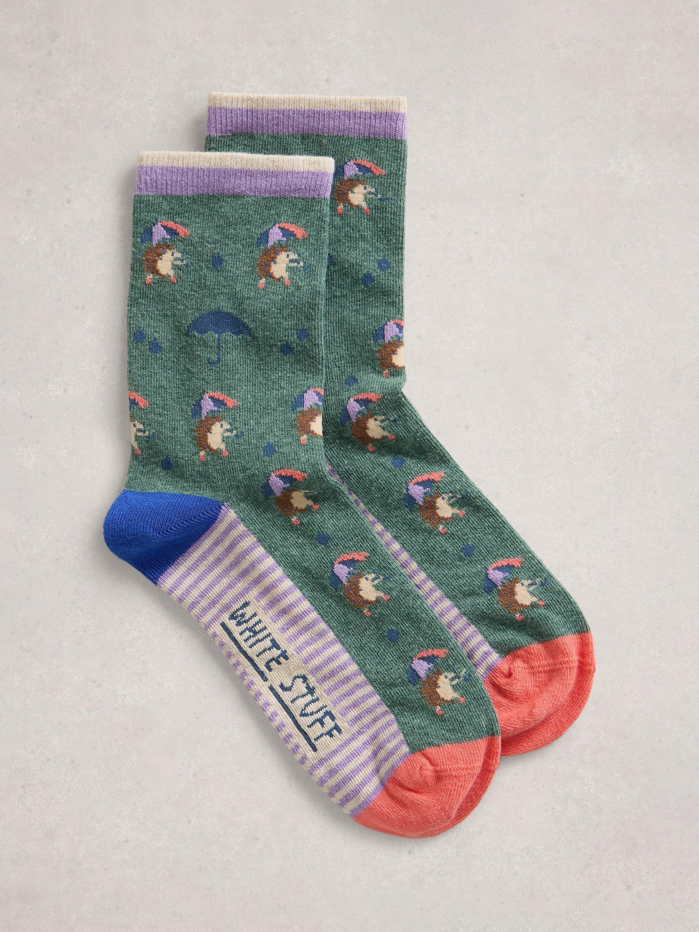 Product image 1 of 2, which shows White Stuff Hedgehog and Umbrella Ankle Socks, Bright Teal/Multi, 3-5.5
