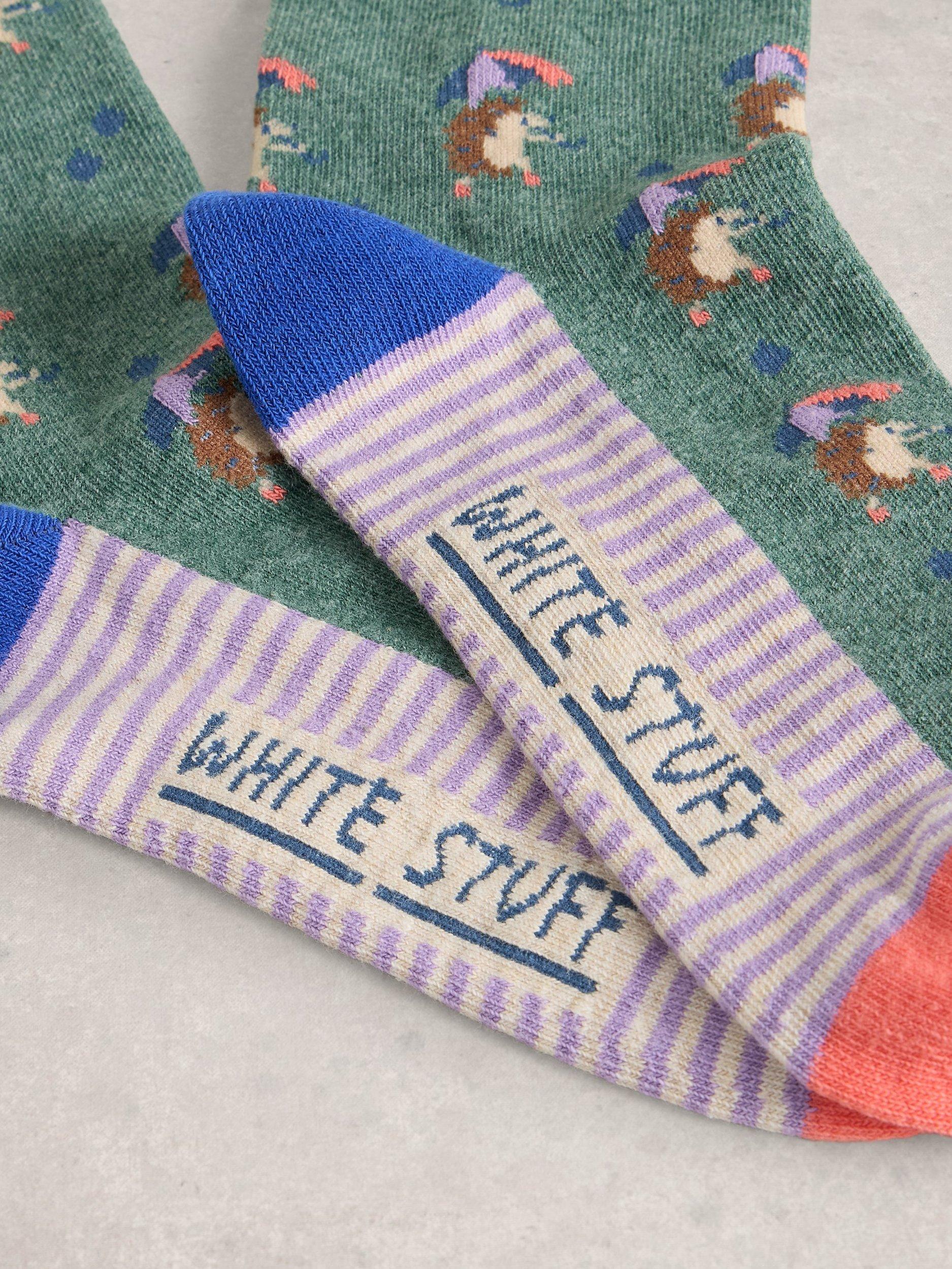 Product image 2 of 2, which shows White Stuff Hedgehog and Umbrella Ankle Socks, Bright Teal/Multi, 3-5.5