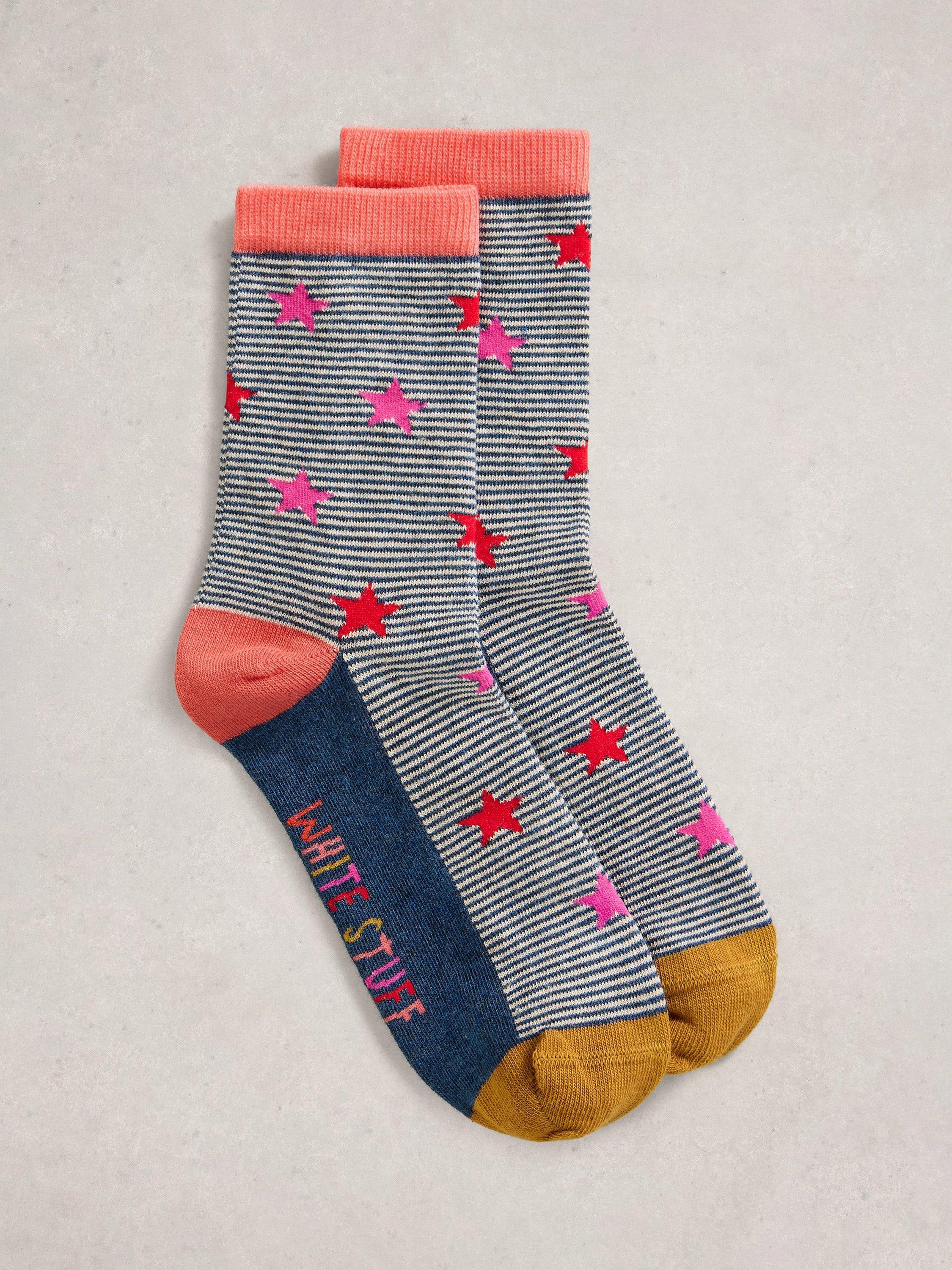 Product image 1 of 2, which shows White Stuff Star and Stripe Ankle Socks, Navy/Multi, 3-5.5