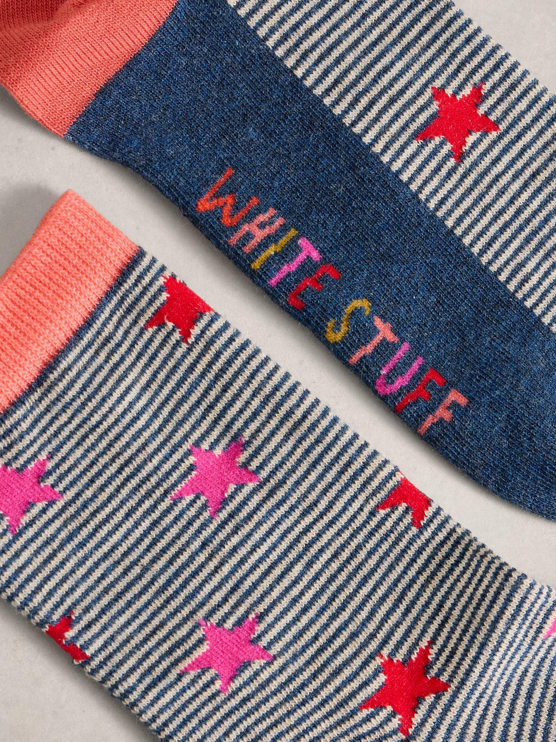 Product image 2 of 2, which shows White Stuff Star and Stripe Ankle Socks, Navy/Multi, 3-5.5