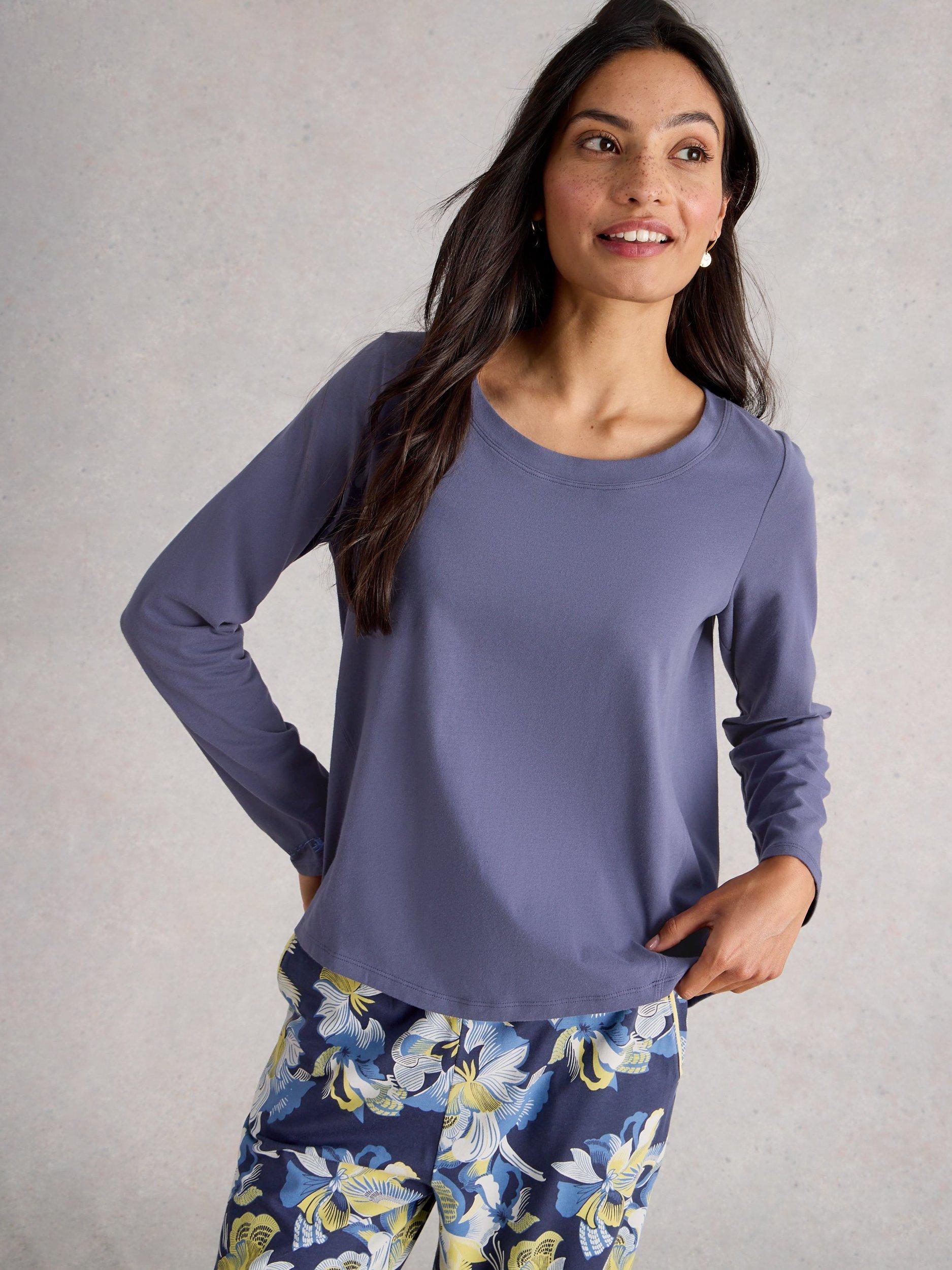 Product image 4 of 6, which shows White Stuff Eva Round Neck Jersey Pyjama Top, Dark Purple, M