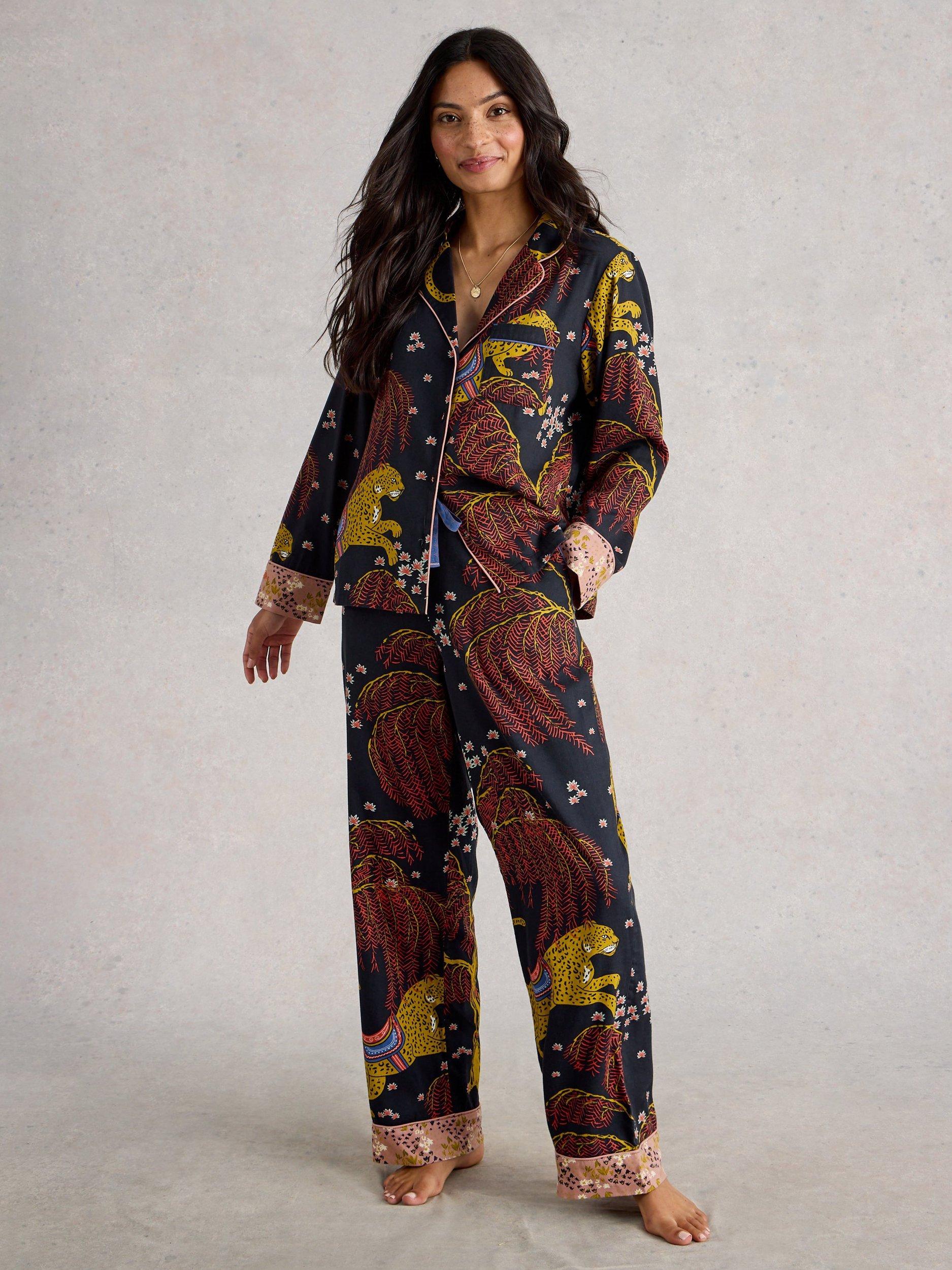 Product image 1 of 6, which shows White Stuff Nina Leopards & Leaves Pyjama Shirt, Black/Multi, L