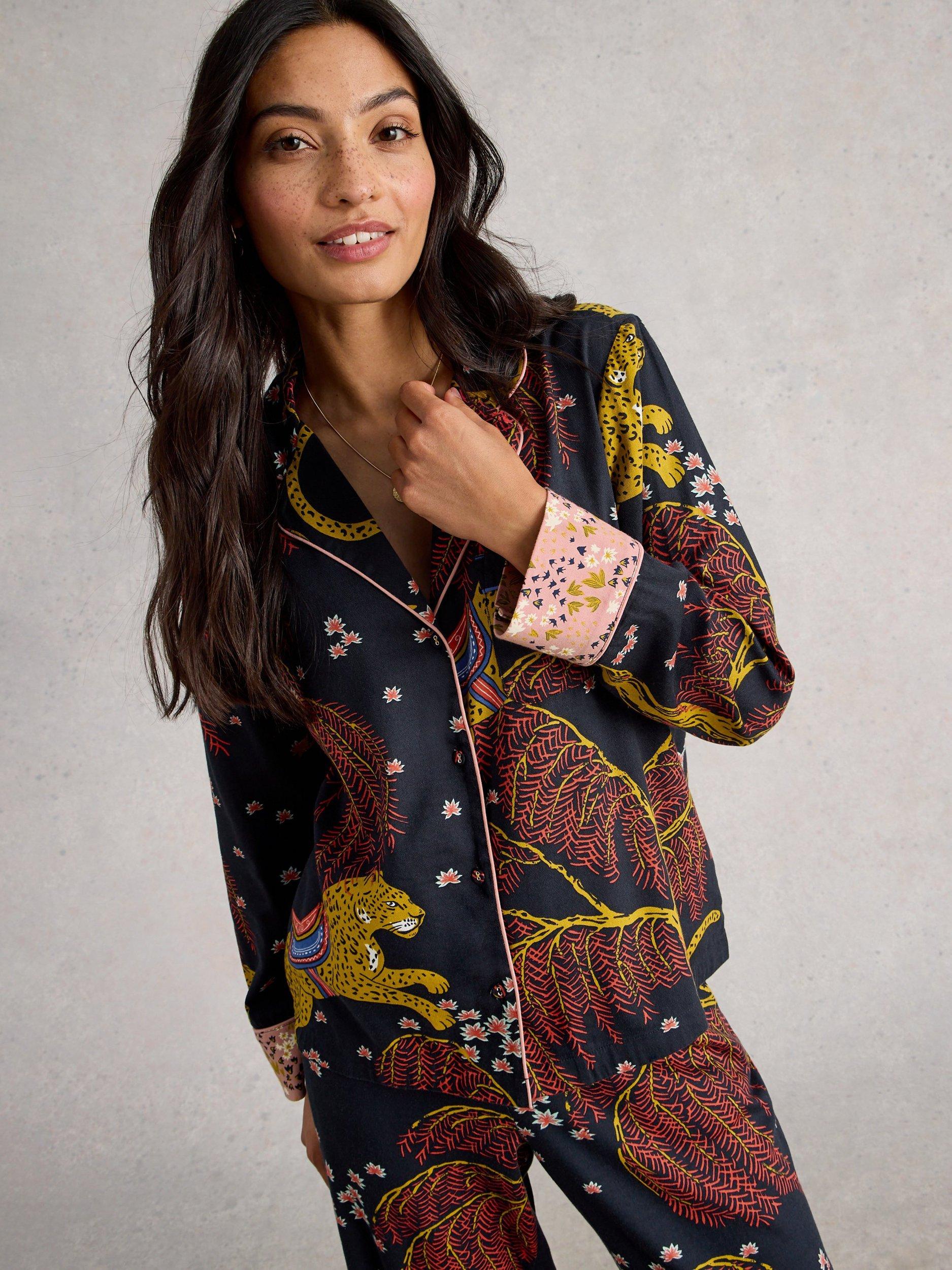 Product image 3 of 6, which shows White Stuff Nina Leopards & Leaves Pyjama Shirt, Black/Multi, L