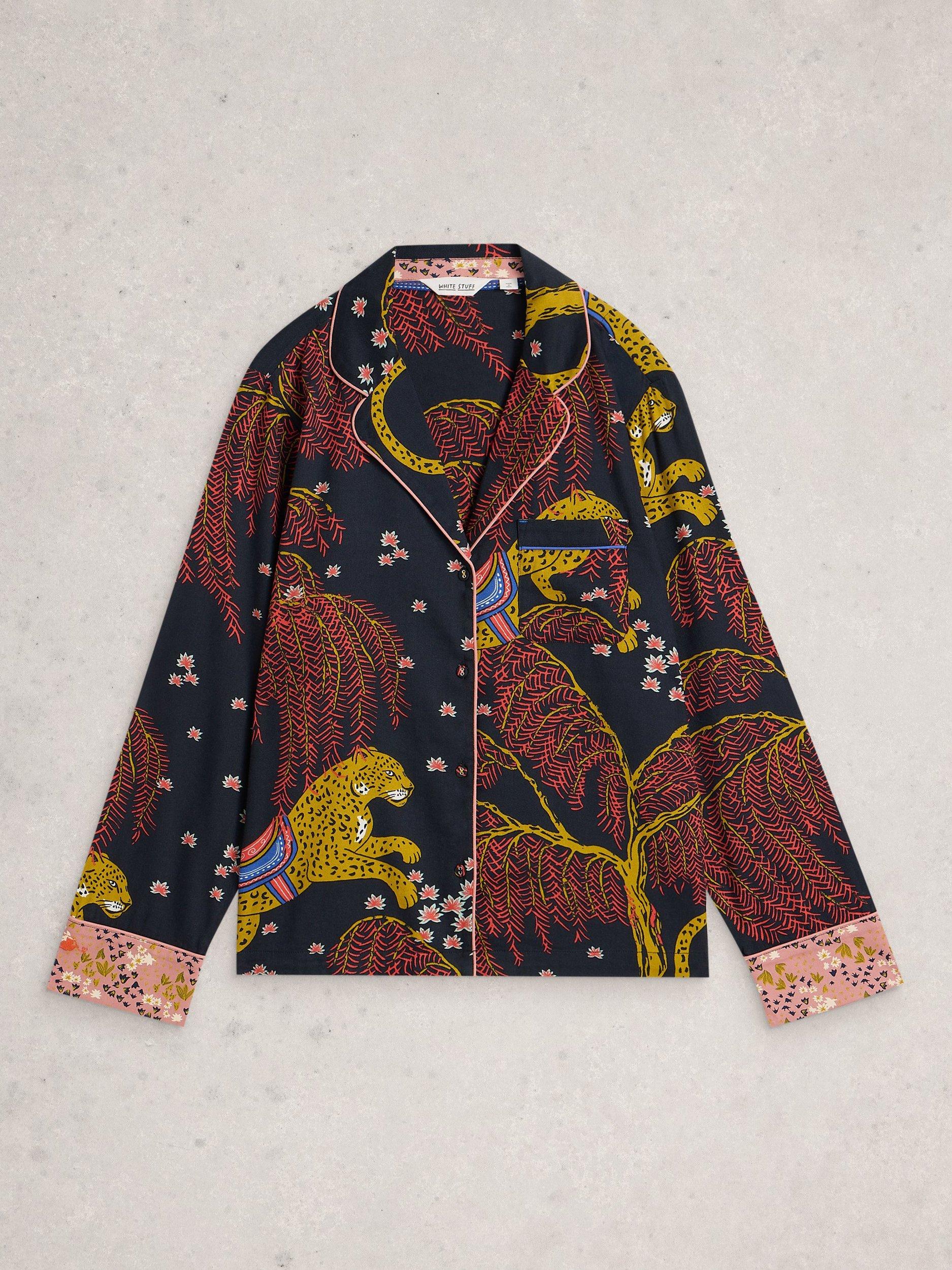 Product image 5 of 6, which shows White Stuff Nina Leopards & Leaves Pyjama Shirt, Black/Multi, L