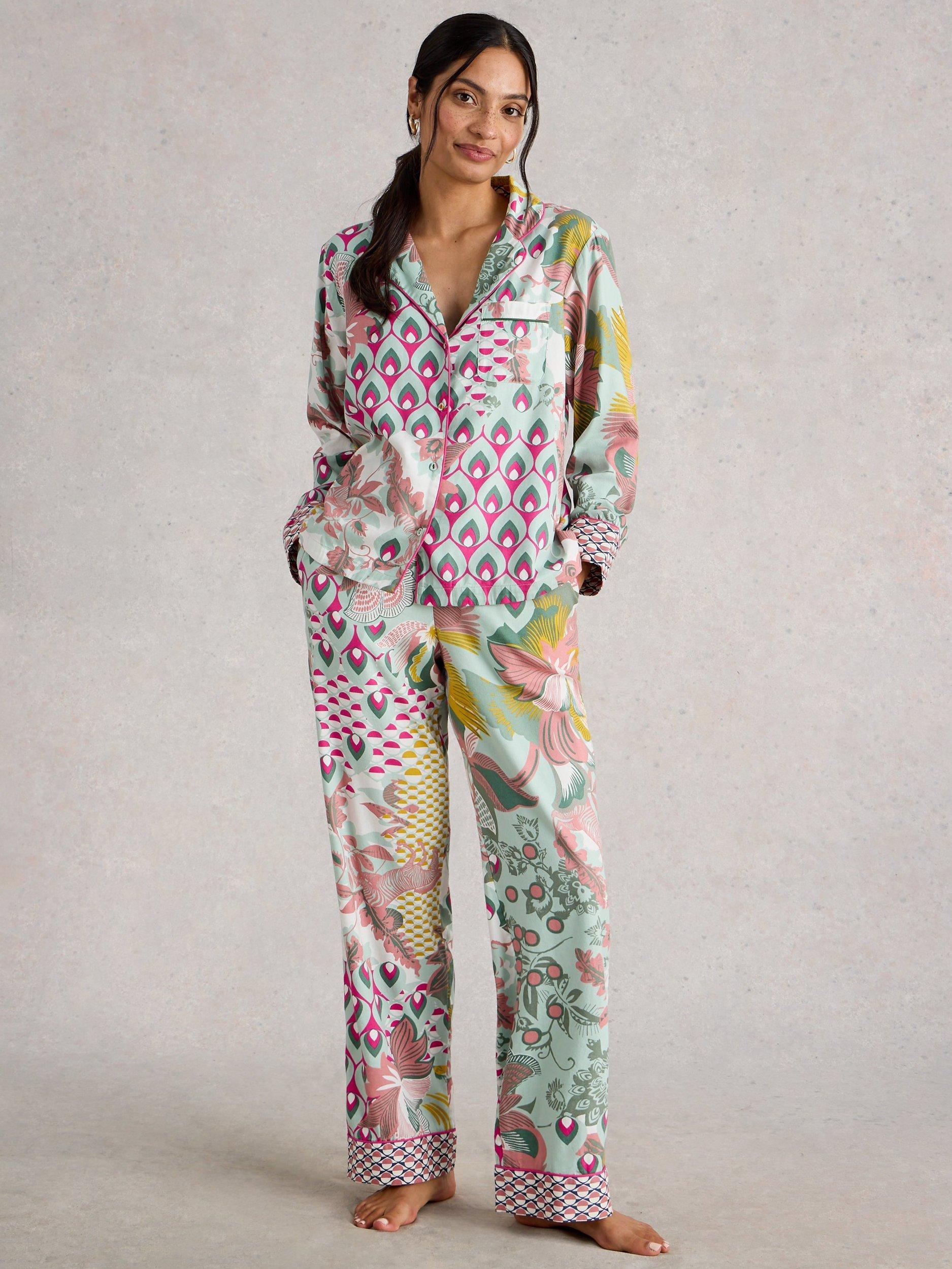 Product image 1 of 6, which shows White Stuff Nina Mixed Print Pyjama Shirt, Green/Multi, L